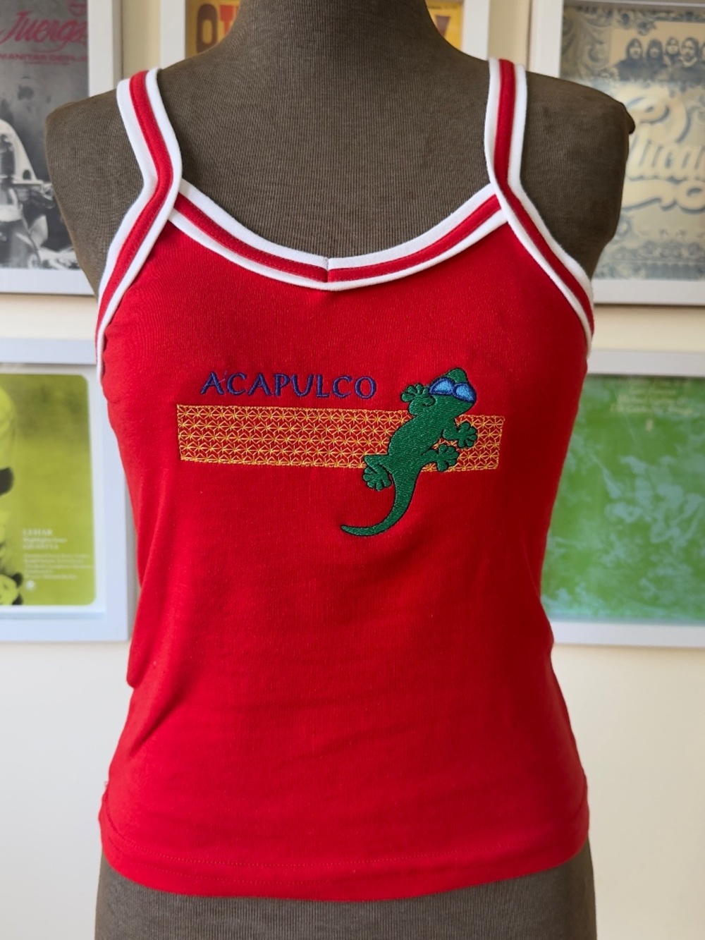 Y2K Acapulco Graphic Cami Tank Top | Red Contrast Trim | Retro Vacation Baby Tee